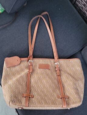 Dooney & Bourke Tan Monogram Canvas Tote with Leather Trim